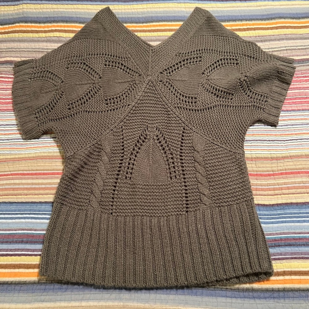 Yessica AT C&A Womens Cable Knit Sweater Brown V Neck Short‎ Sleeve Size L